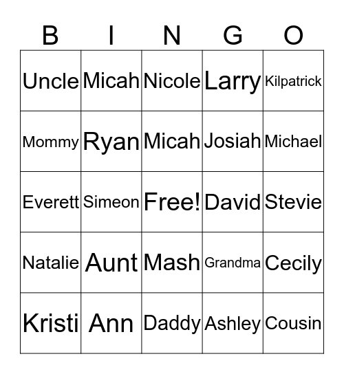 Christmas with Family Bingo Card