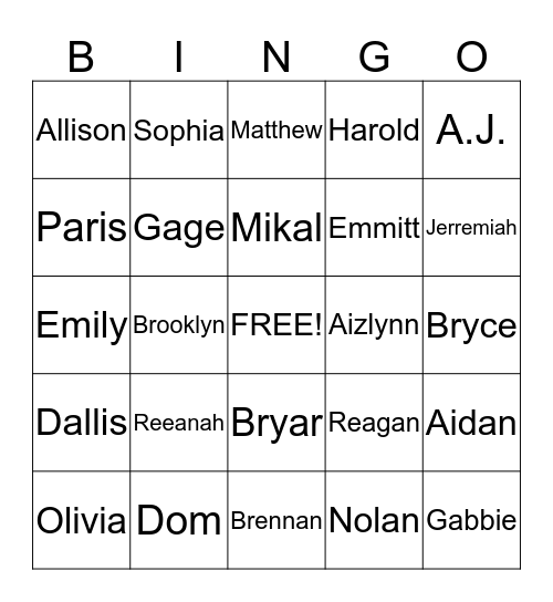 Classmates Bingo Card