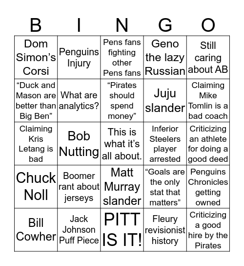 PGH Sports Bingo Card