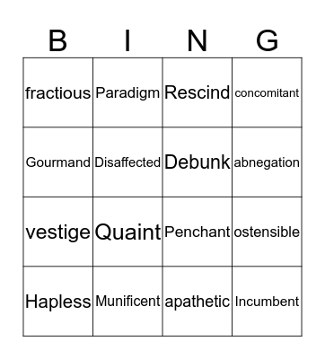 Vocabulary Bingo Card