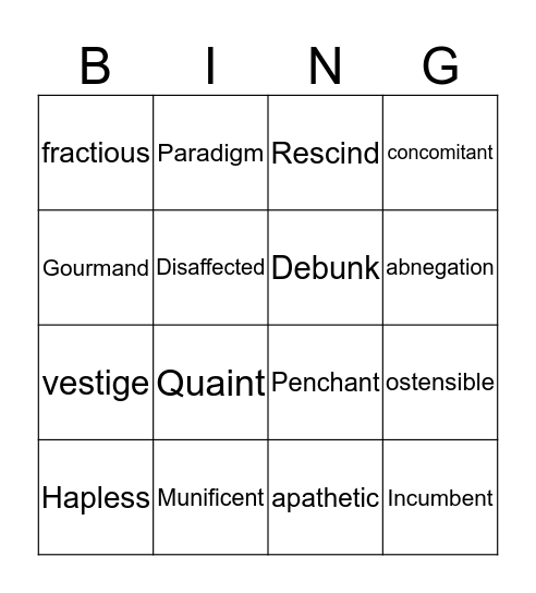 Vocabulary Bingo Card