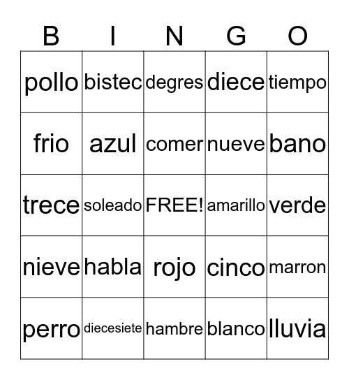 Bingo Espanol Bingo Card