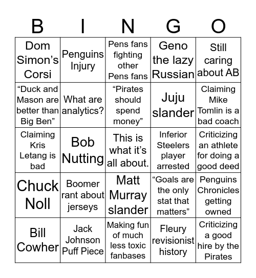 PGH Sports Bingo Card