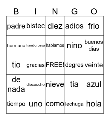 Bingo Espanol Bingo Card
