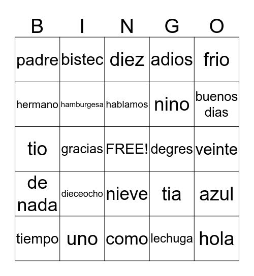 Bingo Espanol Bingo Card