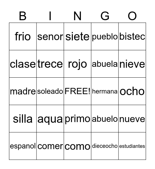 Bingo Espanol Bingo Card