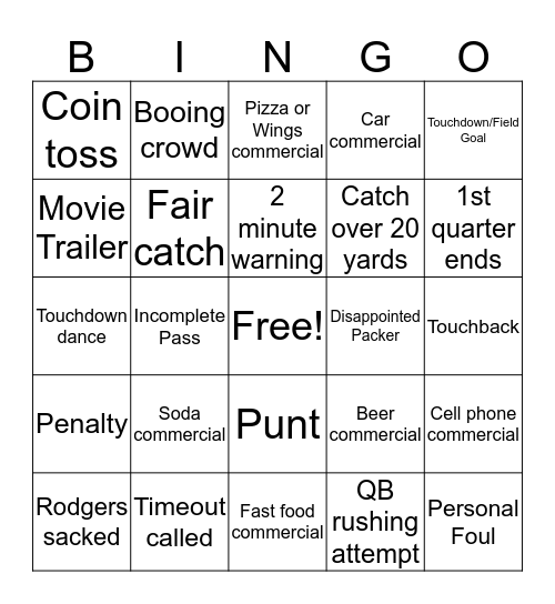 Vikings vs Packers Bingo Card