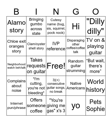 Joe Joe Bingo Card