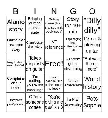 Joe Joe Bingo Card