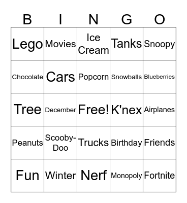 Josiah's 7th Birthday Bingo Card