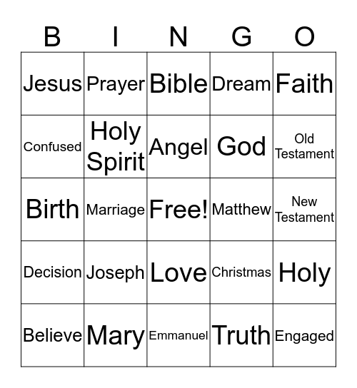Joseph and the Angel Bingo Card