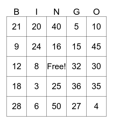 3,4,5 Times Table Multiplication Bingo Card