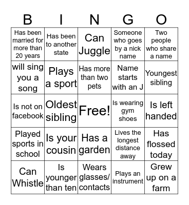 Family Bingo Card