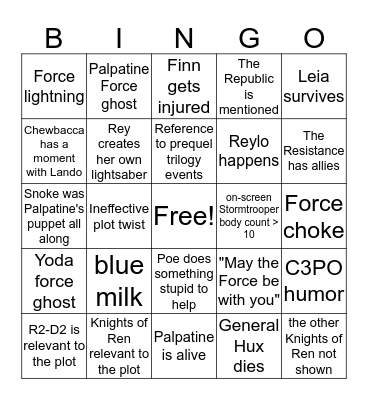 Star Wars: Rise of Skywalker Bingo Card