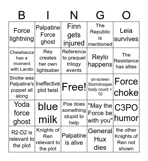 Star Wars: Rise of Skywalker Bingo Card