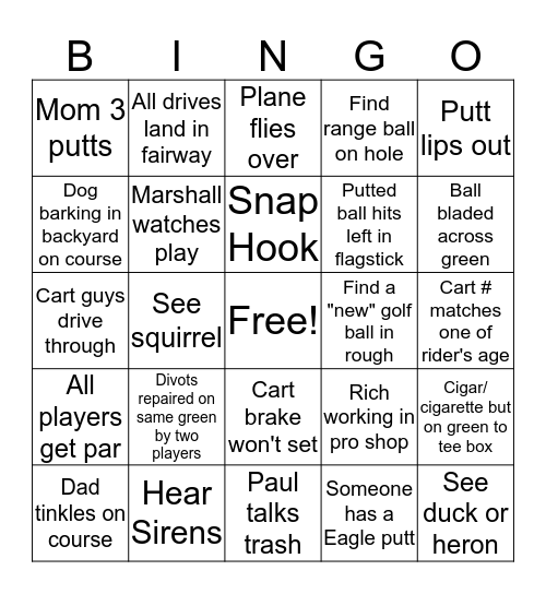 Golf Bingo Card