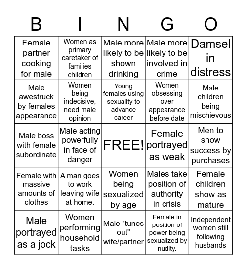 Gender Binary Bingo Card