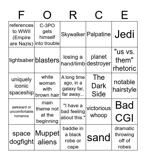 Star Wars Bingo Card