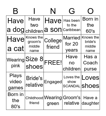 Bridal Shower Bingo Card