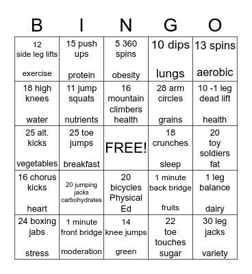 nutrition and fitness Bingo Card