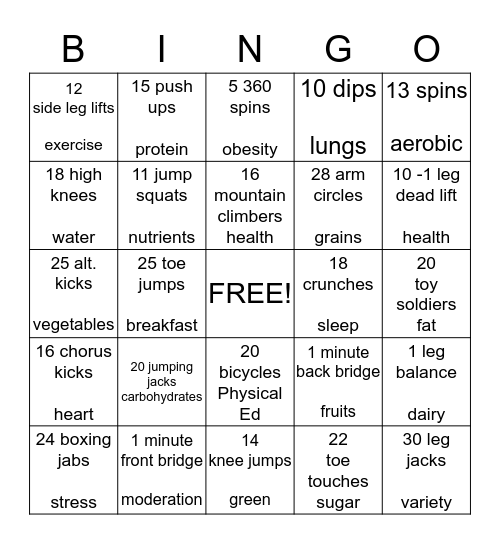 nutrition and fitness Bingo Card