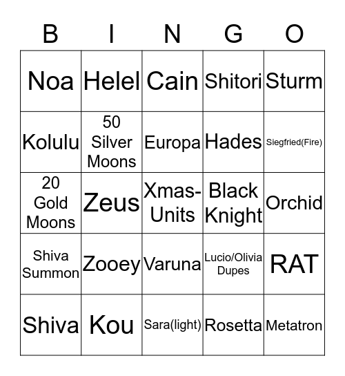 Granblue Lucifer Bingo Card