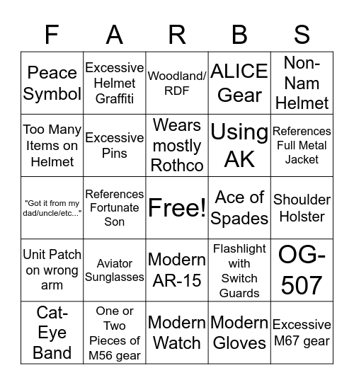 Farb Time Bingo Card