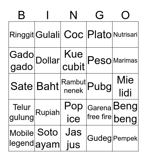 Aya cantik Bingo Card