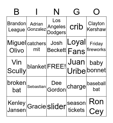 Dodgers Bingo Card