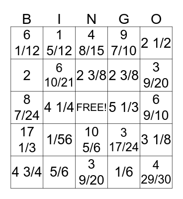 Fraction Bingo Card