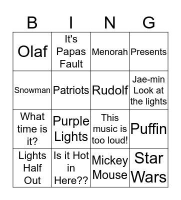 Jammie Cocoa Christmas Bingo Card