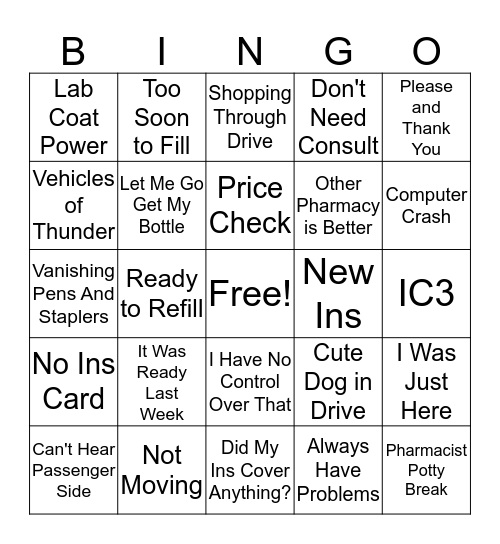 Pharmacy Bingo Card