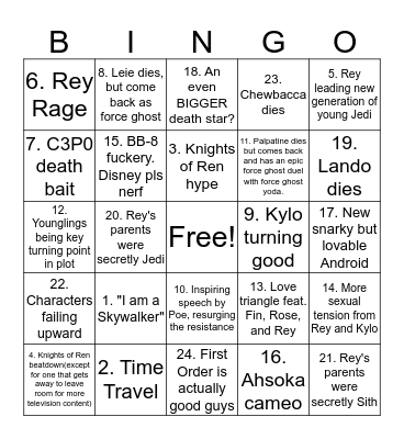 Star Wars Episode IX Predictions Bingo Card