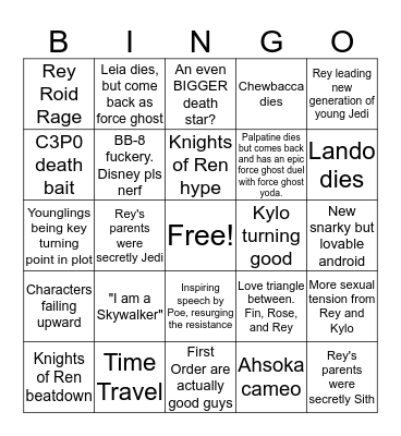 Star Wars: Episode IX: Rise of Skywalker Predictions Bingo Card