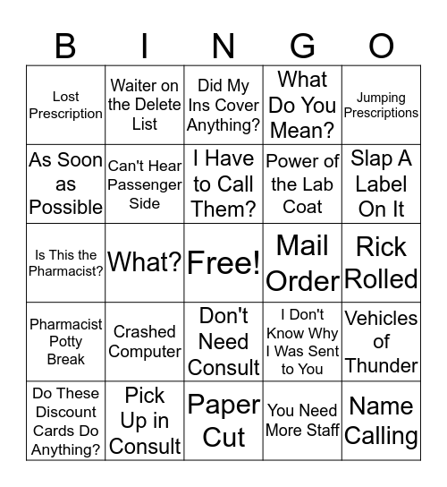 Pharmacy Bingo Card