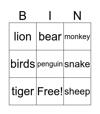 Animals Bingo Card