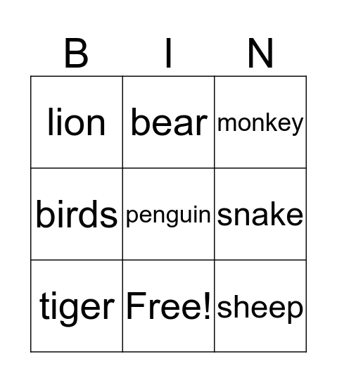 Animals Bingo Card