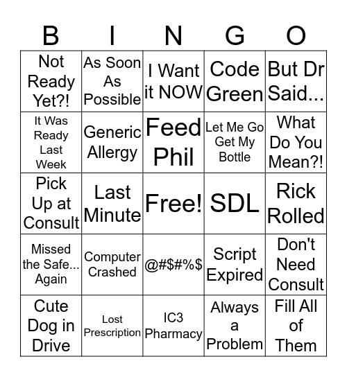 Pharmacy Bingo Card