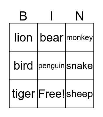 Animals Bingo Card