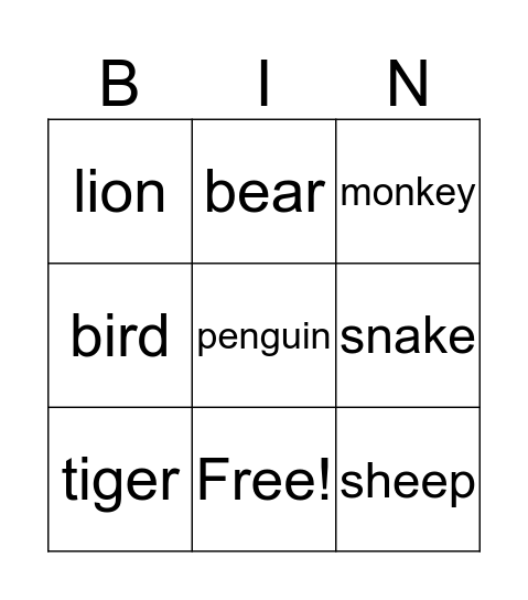 Animals Bingo Card