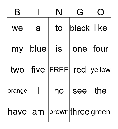 Sight Word Bingo Card