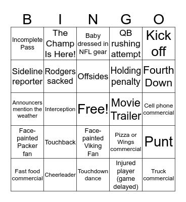 Packers at Vikings BINGO Card