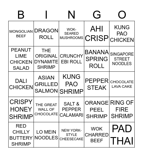 P.F. CHANG'S Bingo Card