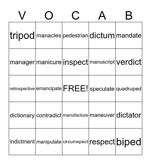 VOCABO Bingo Card