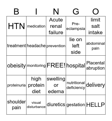 Preeclampsia and HELLP Bingo Card