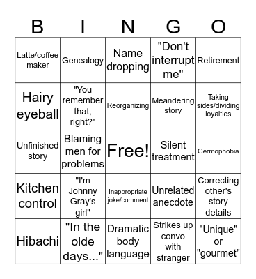 Fantasy Family Bingo Card