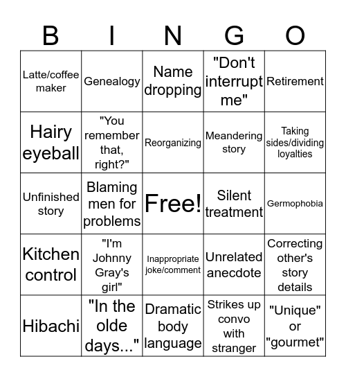 Fantasy Family Bingo Card