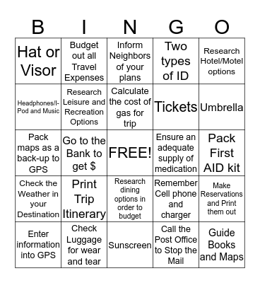 Planning a Trip Bingo Card