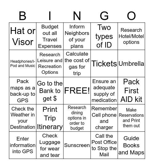 Planning a Trip Bingo Card