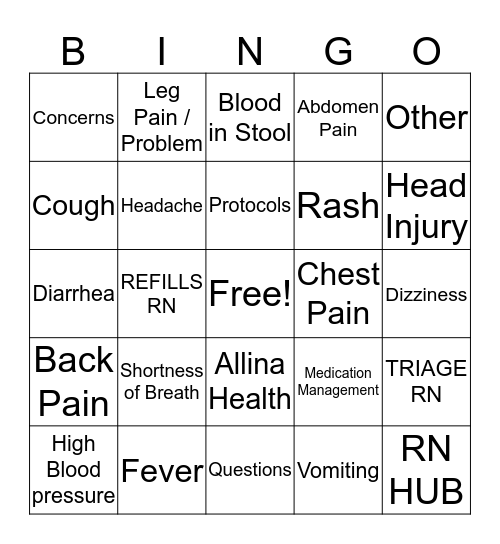 Triage / Refill Bingo Card